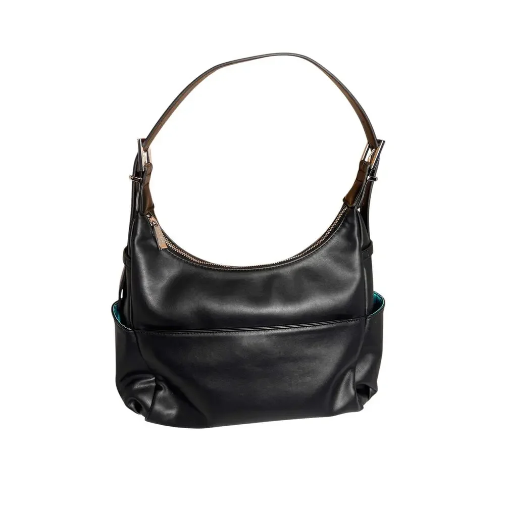 White Elm Camille Hobo Bag Black Shimmer Aqua Lining Silver Hardware NWOT